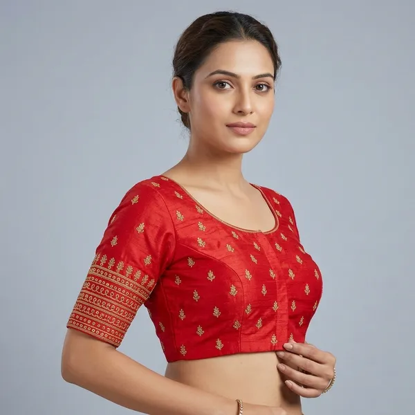 Red_Silk_Embroidered_Round_Neck_Padded_Blouse_For_Women
