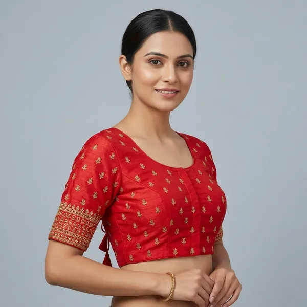 Red_Silk_Embroidered_Round_Neck_Padded_Blouse_For_Women