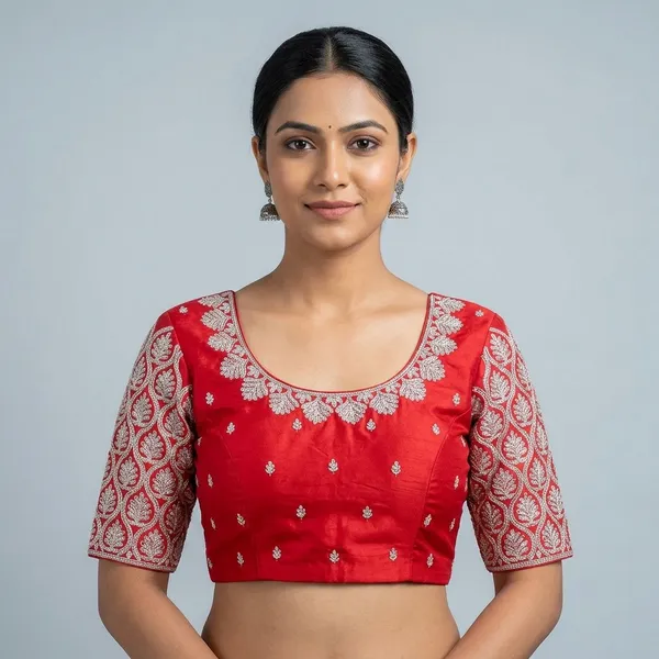 Red_Silk_Embroidered_Floral_Round_Neck_Blouse_For_Women
