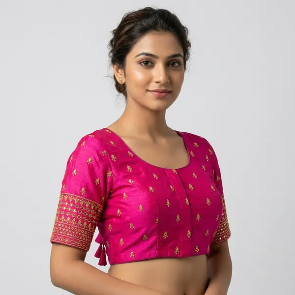 Pink_Silk_Padded_Front_Open_Round_Neck_Blouse_For_Women