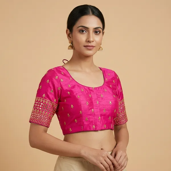 Pink_Silk_Padded_Front_Open_Round_Neck_Blouse_For_Women