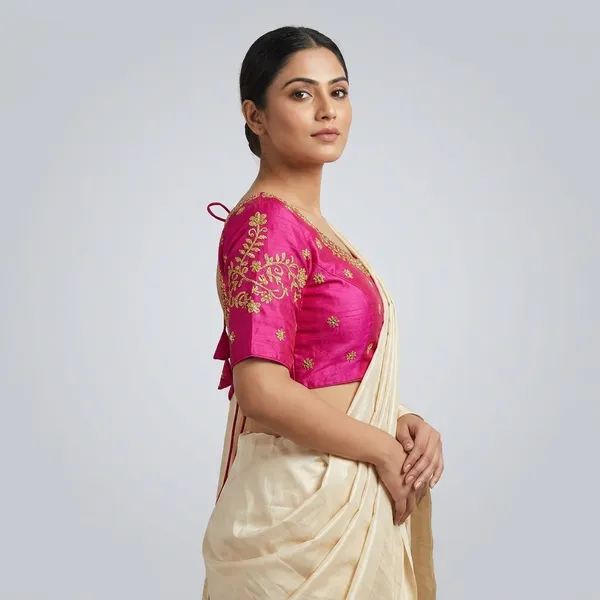 Pink_Silk_Padded_Floral_Embroidered_Round_Neck_Blouse_For_Women