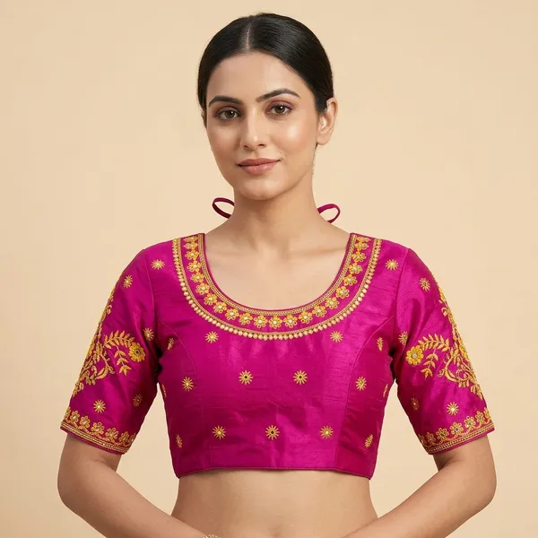 Pink_Silk_Padded_Floral_Embroidered_Round_Neck_Blouse_For_Women