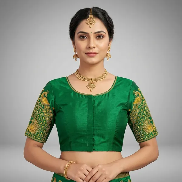 Green_Silk_Short_Sleeve_Round_Neck_Embroidered_Blouse_For_Women
