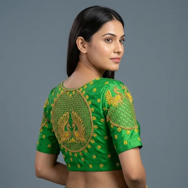 Green_Silk_Short_Sleeve_Round_Neck_Embroidered_Blouse_For_Women