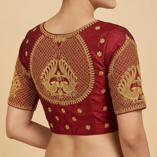 Maroon_Silk_Padded_Round_Neck_Blouse_For_Women