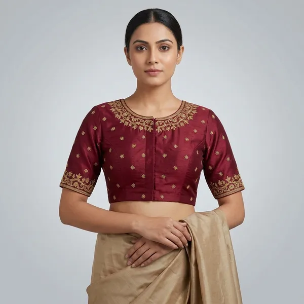 Red_Silk_Short_Sleeve_Front_Open_Blouse_For_Women