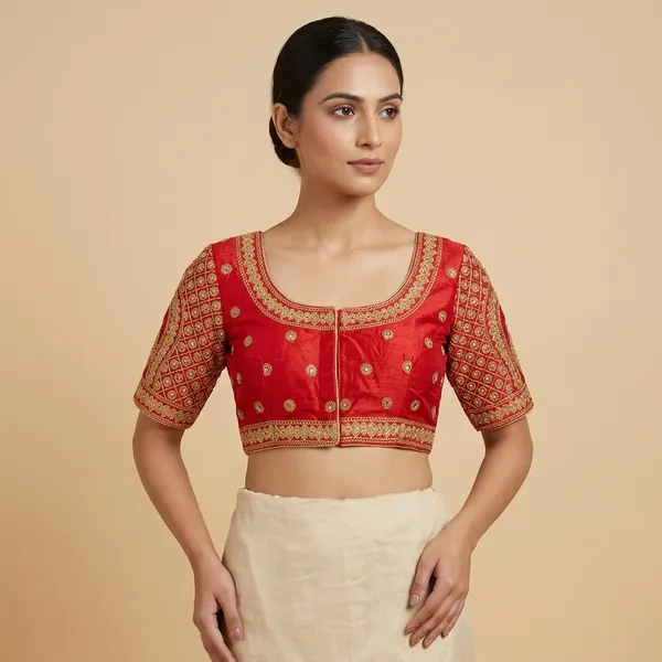 Maroon_Silk_Embroidered_Round_Neck_Padded_Blouse_For_Women