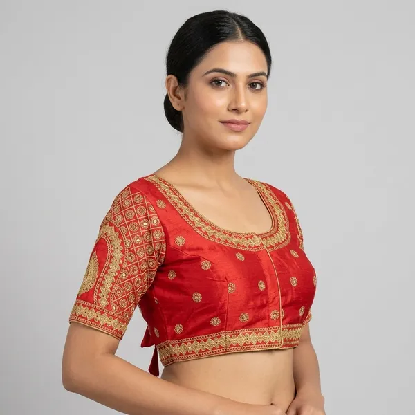 Maroon_Silk_Embroidered_Round_Neck_Padded_Blouse_For_Women