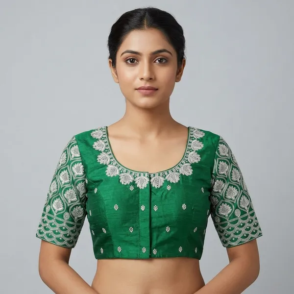Green_Silk_Padded_Round_Neck_Embroidered_Blouse_For_Women