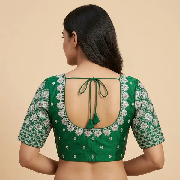 Green_Silk_Padded_Round_Neck_Embroidered_Blouse_For_Women