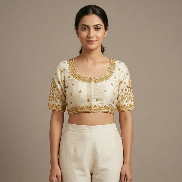 Beige_Silk_Embroidered_Round_Neck_Blouse_For_Women