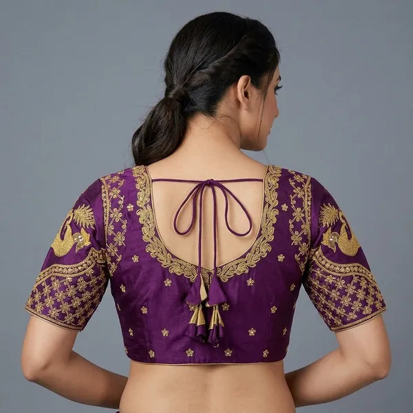 Purple_Silk_Short_Sleeve_Hook_Closure_Blouse_For_Women