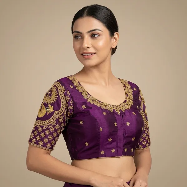 Purple_Silk_Short_Sleeve_Hook_Closure_Blouse_For_Women