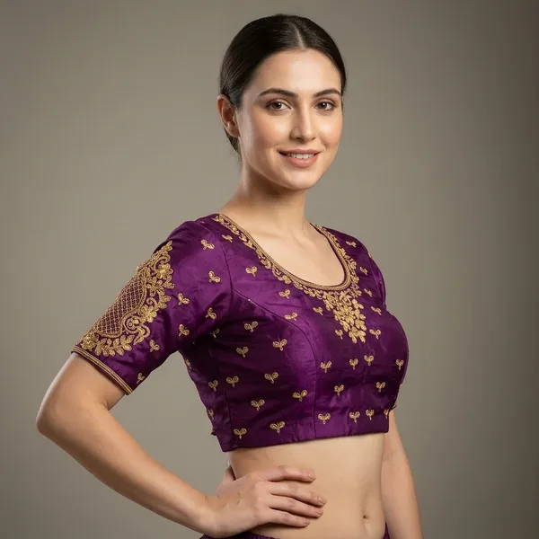 Purple_Silk_Short_Sleeve_Floral_Embroidered_Round_Neck_Blouse_For_Women