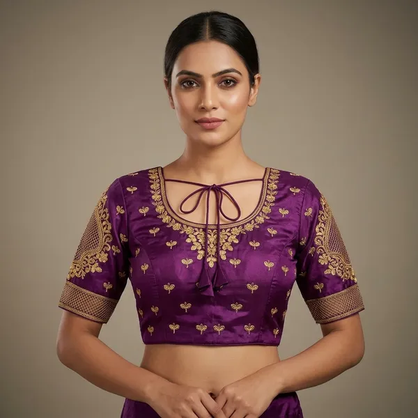 Purple_Silk_Short_Sleeve_Floral_Embroidered_Round_Neck_Blouse_For_Women