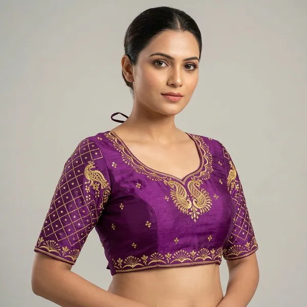 Purple_Silk_Round_Neck_Embroidered_Blouse_For_Women