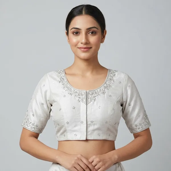 White_Silk_Padded_Embellished_Round_Neck_Blouse_For_Women
