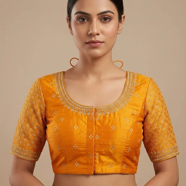 Orange_Silk_Short_Sleeve_Round_Neck_Hook_Closure_Blouse_For_Women