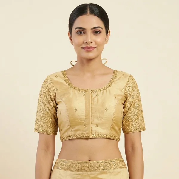 Gold_Silk_Padded_Hook_Round_Neck_Blouse_For_Women
