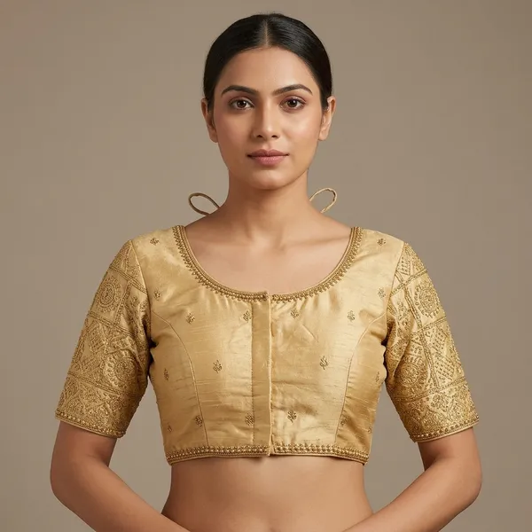 Gold_Silk_Padded_Hook_Round_Neck_Blouse_For_Women