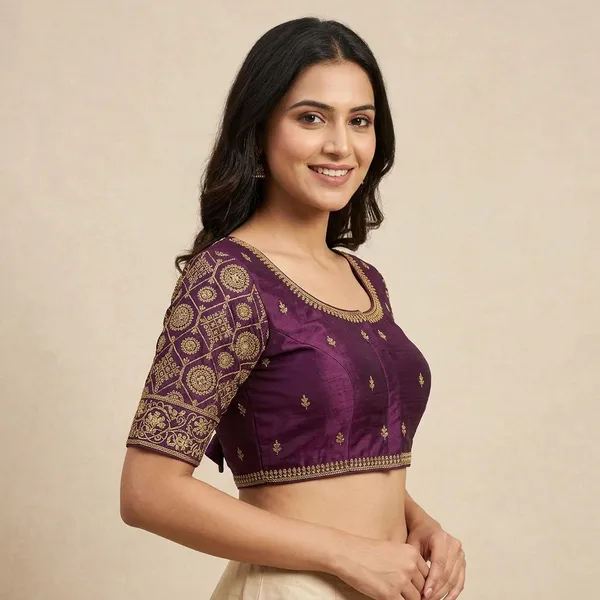 Purple_Silk_Embroidered_Round_Neck_Padded_Blouse_For_Women