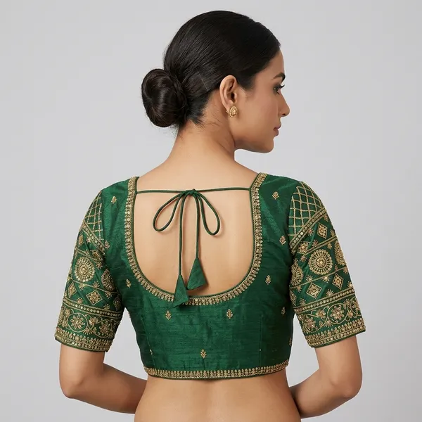 Green_Silk_Round_Neck_Embroidered_Padded_Blouse_For_Women