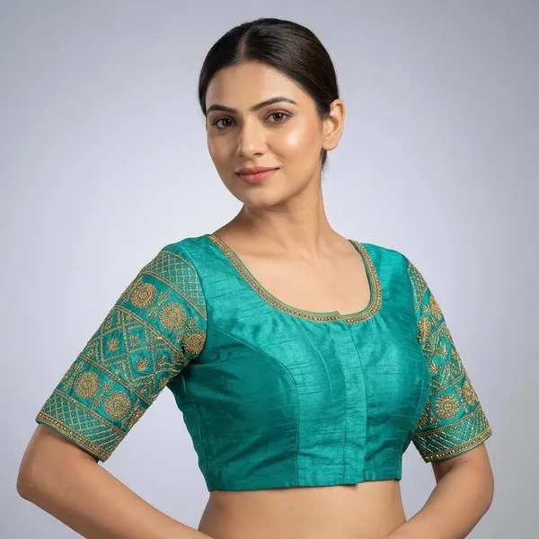 Teal_Silk_Round_Neck_Embroidered_Blouse_For_Women