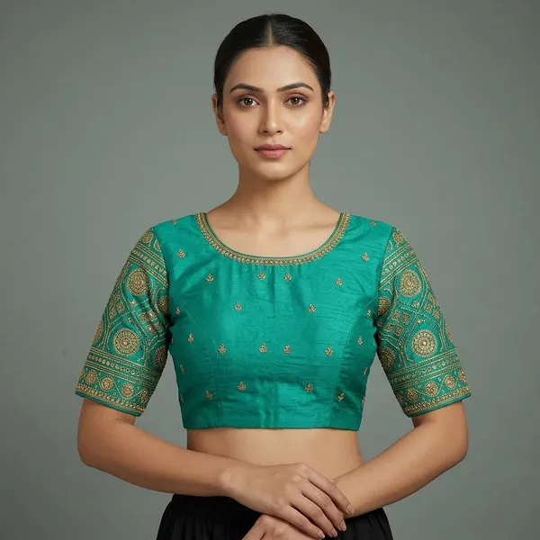 Teal_Silk_Round_Neck_Embroidered_Blouse_For_Women