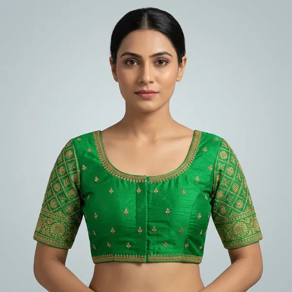 Green_Silk_Short_Sleeve_Embroidery_Blouse_For_Women