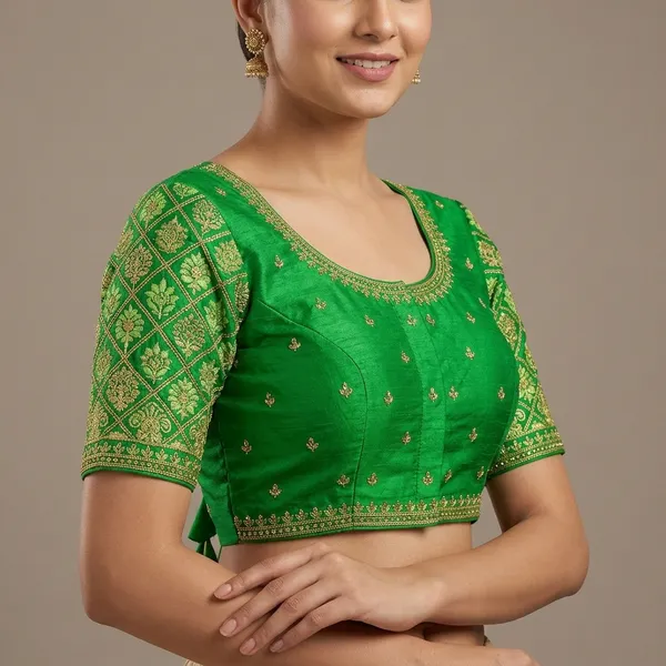 Green_Silk_Short_Sleeve_Embroidery_Blouse_For_Women
