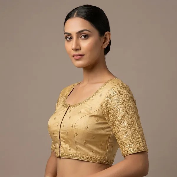 Beige_Silk_Round_Neck_Padded_Blouse_For_Women