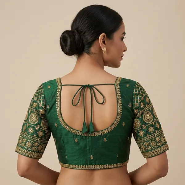 Green_Silk_Embroidered_Round_Neck_Blouse_For_Women