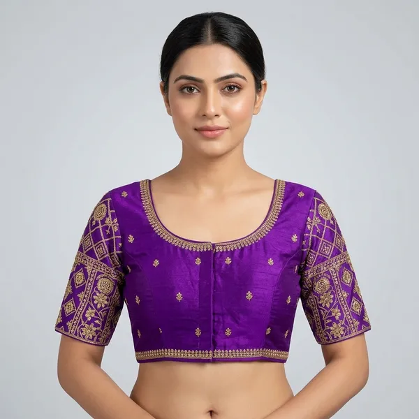 Purple_Silk_Round_Neck_Padded_Blouse_For_Women