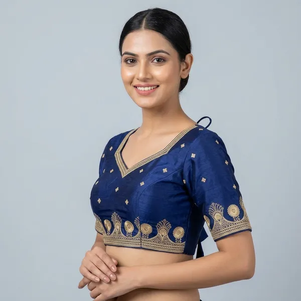 Blue_Silk_Padded_Short_Sleeve_Embroidered_Blouse_For_Women
