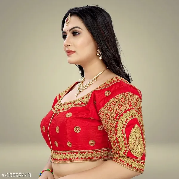 Red_Silk_Padded_Round_Neck_Blouse_For_Women