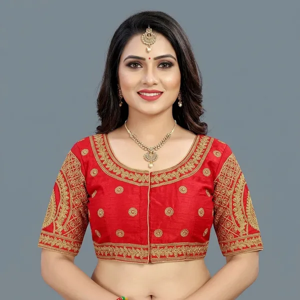 Red_Silk_Padded_Round_Neck_Blouse_For_Women