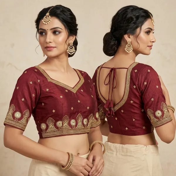 Maroon_Silk_Padded_Round_Neck_Blouse_For_Women