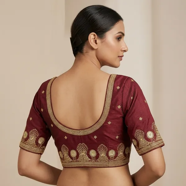Maroon_Silk_Padded_Round_Neck_Blouse_For_Women