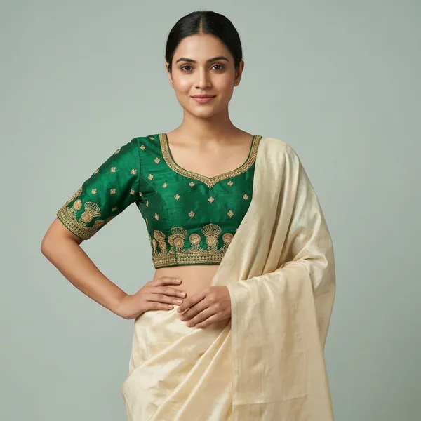 Green_Silk_Padded_Round_Neck_Blouse_For_Women