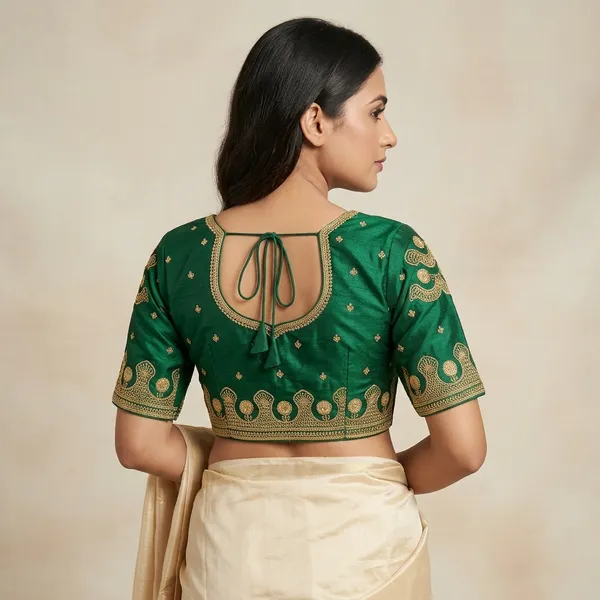 Green_Silk_Padded_Round_Neck_Blouse_For_Women