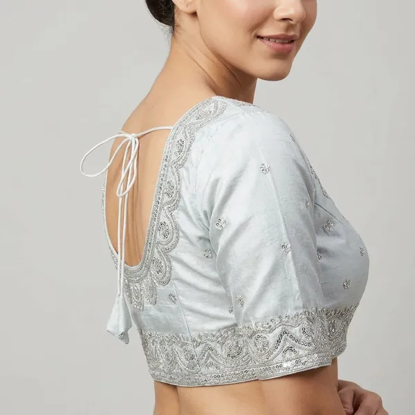 White_Silk_Padded_Round_Neck_Blouse_For_Women