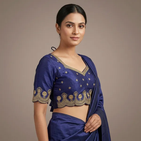 Blue_Silk_Padded_Round_Neck_Blouse_For_Women