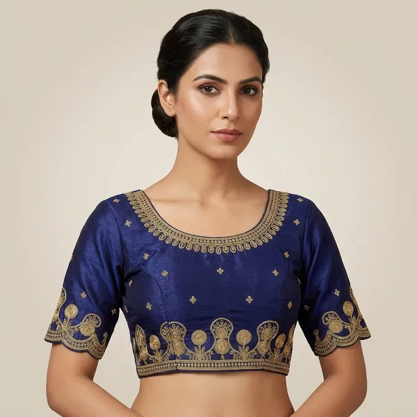 Blue_Silk_Padded_Round_Neck_Blouse_For_Women