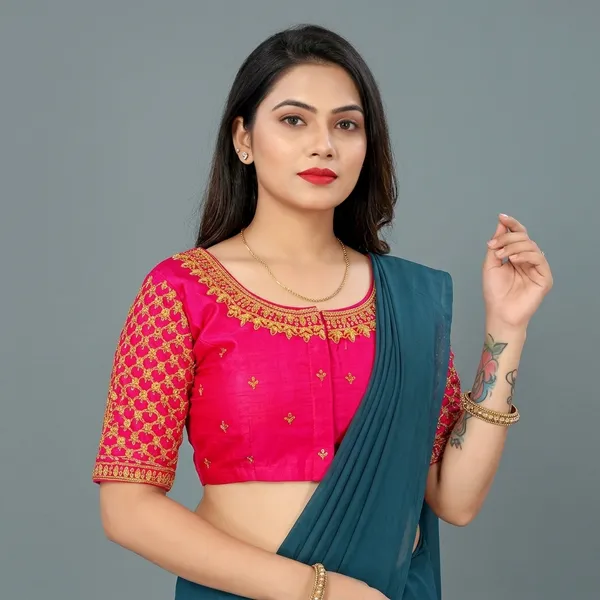 Pink_Silk_Embroidered_Short_Sleeve_Blouse_For_Women