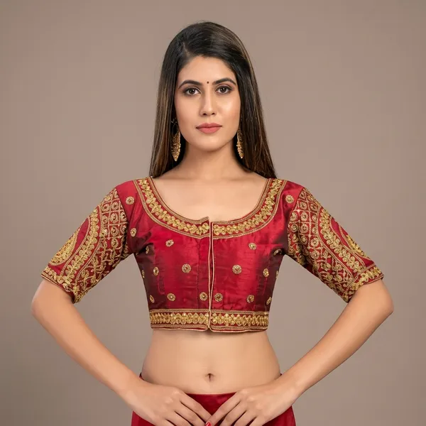 Brown_Silk_Padded_Round_Neck_Blouse_For_Women