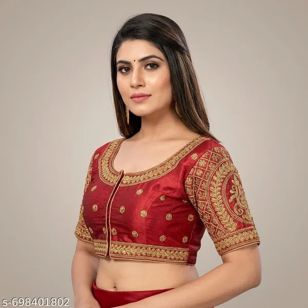 Brown_Silk_Padded_Round_Neck_Blouse_For_Women