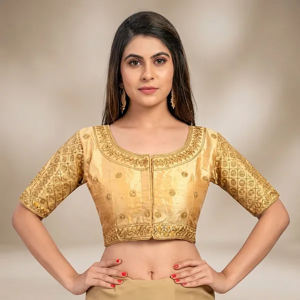 Yellow_Silk_Short_Sleeve_Embroidered_Crop_Round_Neck_Blouse_For_Women