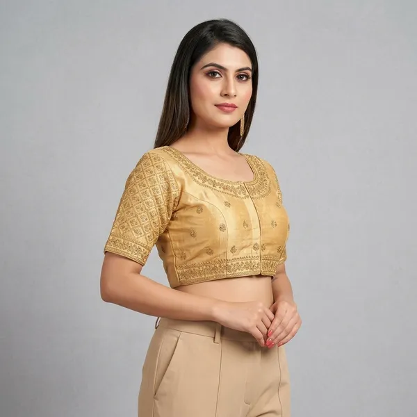 Yellow_Silk_Short_Sleeve_Embroidered_Crop_Round_Neck_Blouse_For_Women