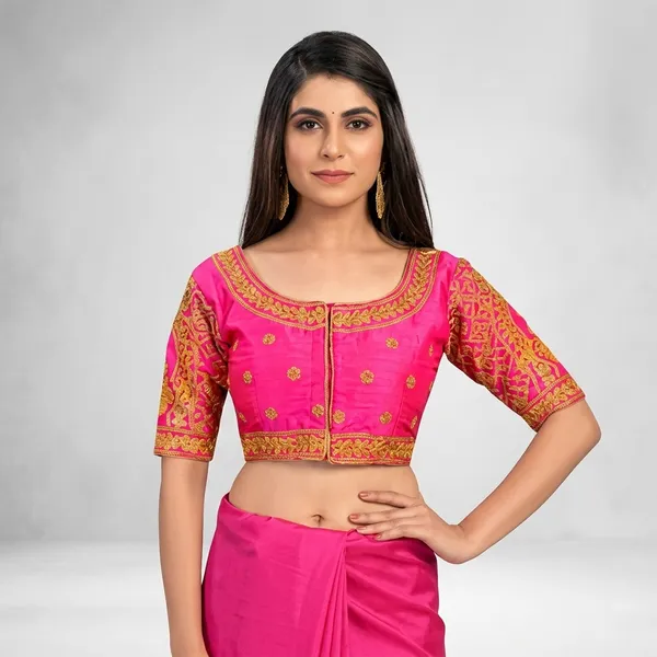 Pink_Silk_Crop_Round_Neck_Padded_Blouse_For_Women